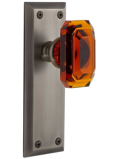 Grandeur Fifth-Avenue Door Set with Amber Crystal-Glass Baguette Knobs in Antique Pewter.